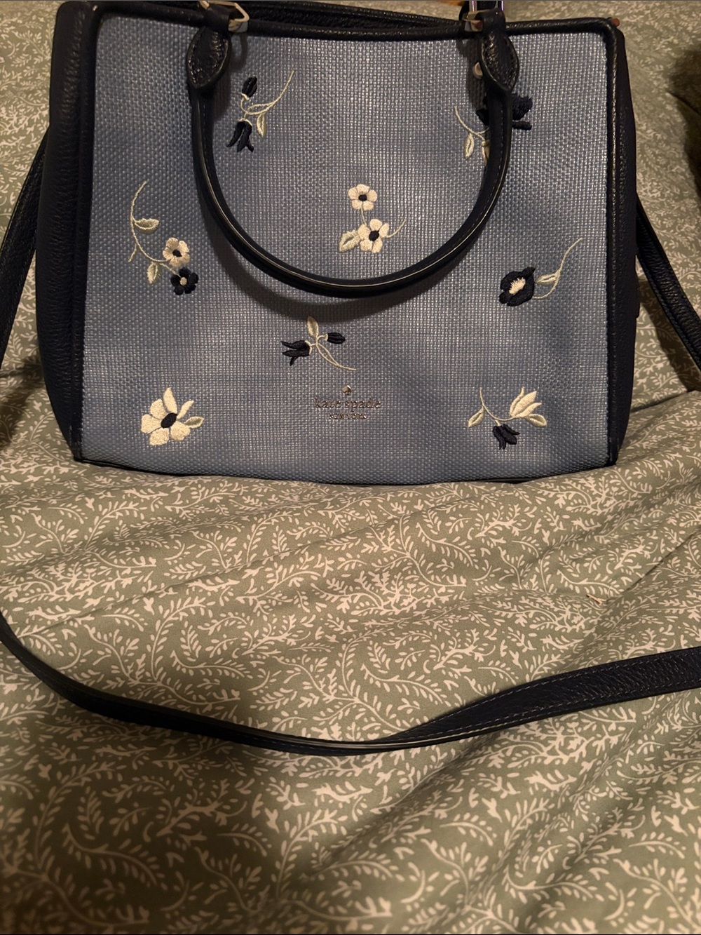 kate spade Blue Floral Embroidered Satchel with Navy Trim